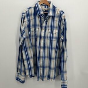 Rancho Estancia XL Western Rodeo Blue White Plaid Snap Button Long Sleeve Shirt